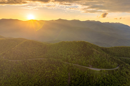 Mountain pass road in North Carolina Appalachian mountains, USA. Laurel Knob overlook on Blue Ridge Parkway in summer seasonの写真素材
