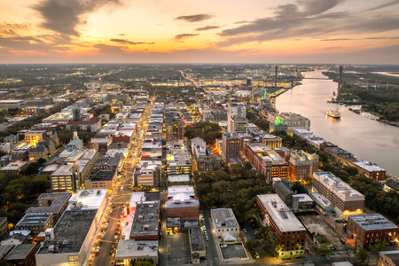 Savannah, Georgia. Historic American architecture of old historical city. USA Southern cityscape at sunsetの写真素材