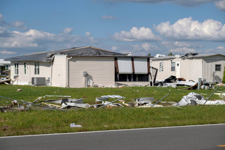 Severely damaged houses after hurricane in Florida mobile home residential area. Consequences of natural disasterの写真素材