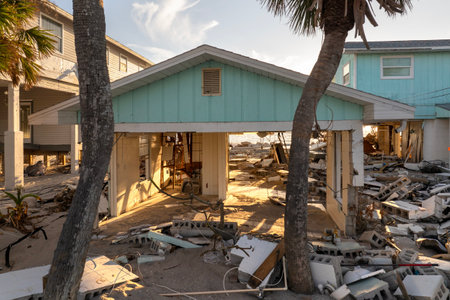 Storm surge severe damage to residential houses on ocean shore after hurricane landfall. Natural...