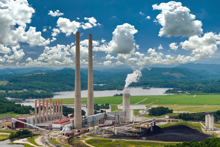 Thermal power station producing electricity by burning coal fossil fuel. Kingston Steam Plant in Roane County, Tennesseeの写真素材