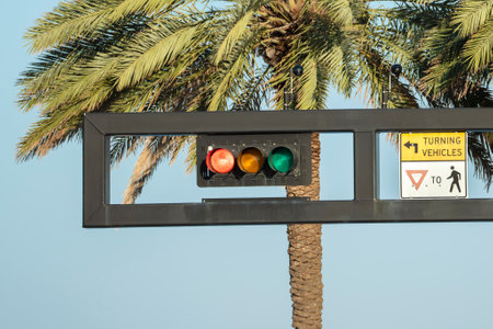 Traffic lights regulating driving cars on city street in Miami, Floridaの写真素材