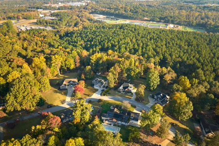 View from above of expensive residential houses between yellow fall trees in suburban area in South Carolina. American dream homes as example of real estate development in US suburbsの写真素材