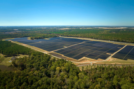 Aerial view of big sustainable electric power plant with many rows of solar photovoltaic panels for...