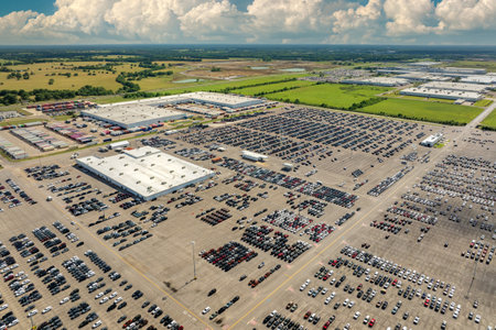 Car factory parking lot with brand new cars ready for export sale. Development of automotive industry in USA conceptの写真素材