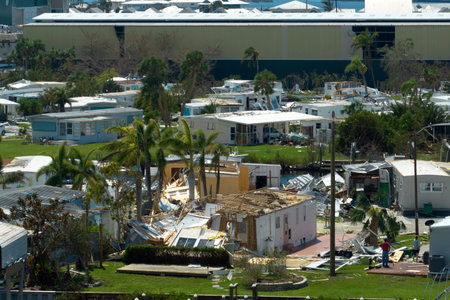 Florida Southwest region after hurricane season. Collapsed and damaged mobile homes in rural...