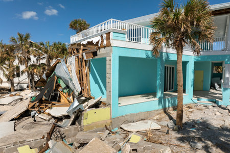 Hurricane Milton storm surge severe damage to waterfront house on Manasota Key, Florida. Destroyed home on gulf coastの写真素材