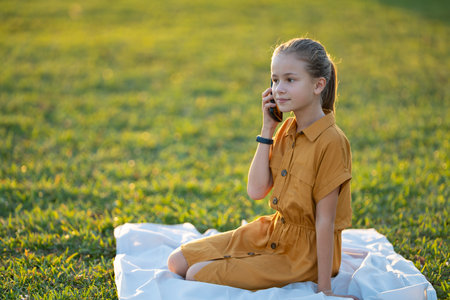 Portrait of positive happy child girl talking with her friend on cellphoneの写真素材