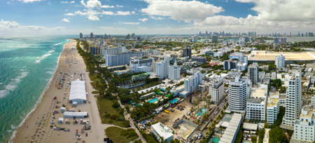 View from above of american southern seashore of Miami Beach city. South Beach high luxurious hotels and apartment buildings. Tourist infrastructure in southern Florida, USAの写真素材