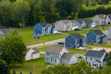 View from above of residential houses in living area in Rochester, NY. American dream homes as example of real estate development in US suburbsの写真素材