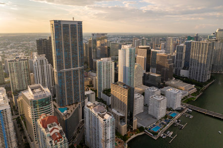 Downtown district of Miami Brickell in Florida, USA. Urban landscape of high-rise buildings in modern American megapolisの写真素材