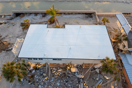 Hurricane Milton consequences on Manasota Key, Florida. Destroyed houses on sea coast. Storm surge...