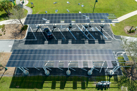 Hurricane wind damage to solar panels installed as shade roof over parking lot for parked electric cars. Failing of photovoltaic technology integrated in urban infrastructureの写真素材
