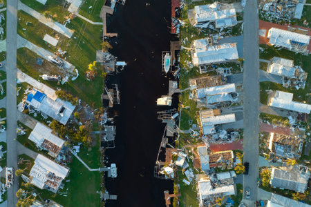 Aerial view of badly damaged mobile homes after hurricane Ian swept through residential area in Florida. Aftermath of natural disasterの写真素材