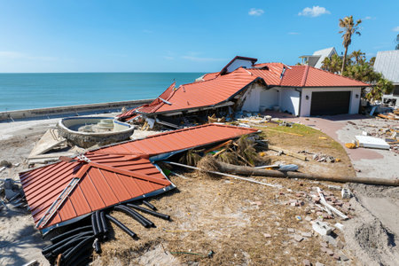 Destroyed houses on ocean coast. Hurricane Milton consequences in Englewood, Florida. Storm surge...