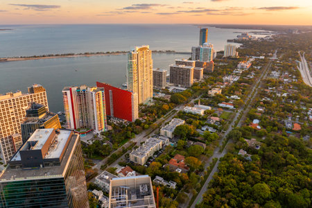 Downtown district of Miami Brickell in Florida, USA. Evening urban landscape of waterfront...