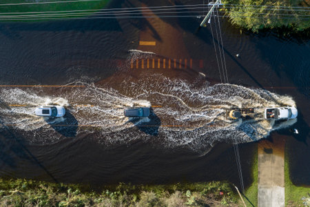 Hurricane flooded street with moving cars and surrounded with water houses in Florida residential area. Consequences of natural disasterの写真素材