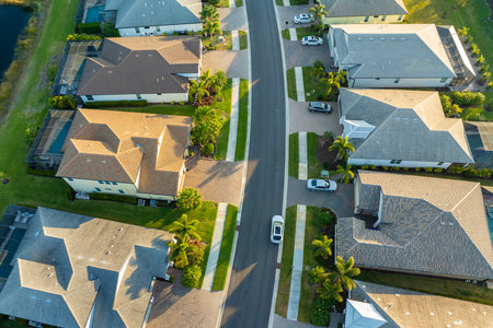 Residential neighborhood in Florida with suburban houses. Development of US premium housingの写真素材