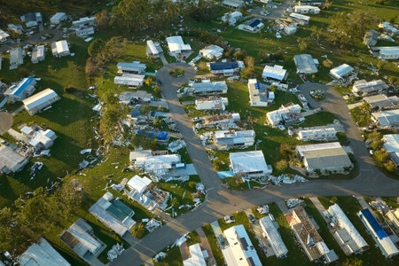 Severely damaged houses after hurricane Ian in Florida mobile home residential area. Consequences of natural disasterの写真素材