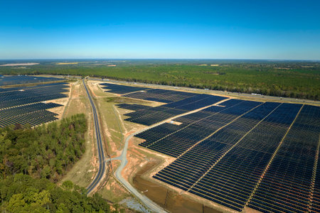 Aerial view of big sustainable electric power plant with many rows of solar photovoltaic panels for...