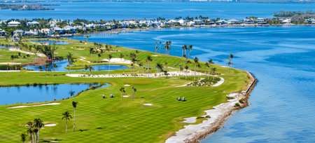 Aerial view of large golf course with green grass in Boca Grande in southwest Florida. Place for outdoor activitiesの写真素材