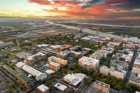 Aerial view of Savannah, Georgia. American city old historical architecture. USA panoramic cityscape at nightの写真素材