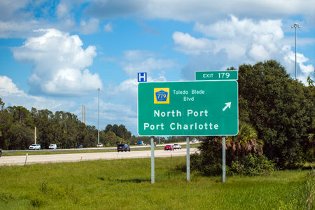 American freeway exit sign in Florida. I-75 highway junction with direction to North Port and Port...