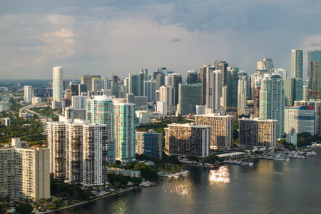 Downtown district of Miami in Florida, USA. Waterfront urban landscape of high skyscraper buildings...