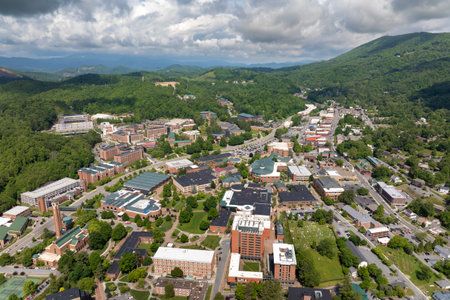 Historical American town Boone North Carolina Appalachian mountains. Old townscape architecture in Watauga County, USA. Streets and historic buildings from aboveの写真素材