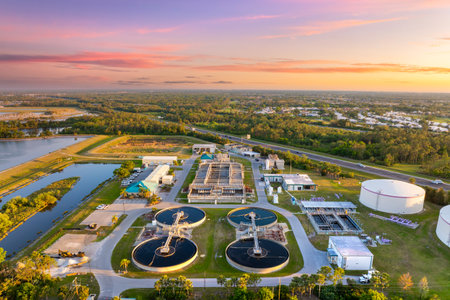 Large-scale industrial water treatment plant purifying and recycling water through filtration and chemical processes to meet health and safety standardsの写真素材