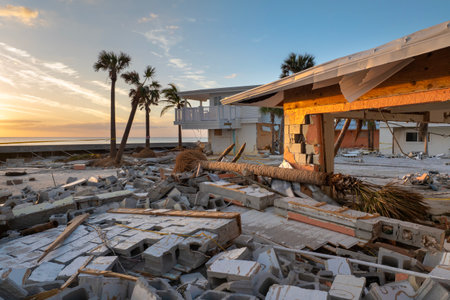 Natural disaster and its consequences. Hurricane destroyed houses roof and walls in Florida coastal areaの写真素材