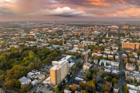 Savannah, Georgia. American architecture with illuminated streets and historical buildingsの写真素材