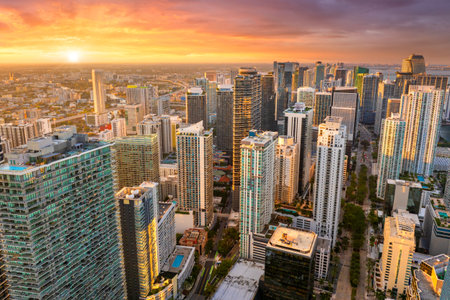 Urban cityscape of Miami Brickell downtown district in Florida, USA. Evening skyline with skyscraper buildings in modern American cityの写真素材