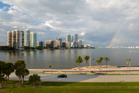 Aerial view of downtown office district of Miami Brickell in Florida, USA. High commercial and residential skyscraper buildings in modern American megapolisの写真素材