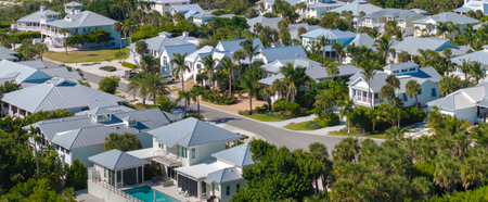 American waterfront houses in rural US suburbs. Large residential homes in small town in Boca Grande, southwest Floridaの写真素材