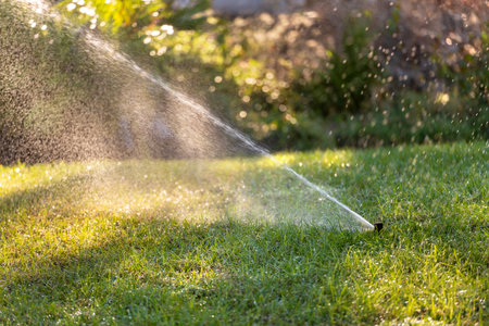 Automatic irrigation system with water sprinkler for maintaining grass lawnの写真素材