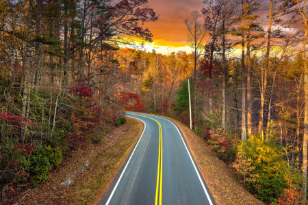 Blue Ridge Parkway at sunset in autumn. Scenic route between majestic mountain hills covered in golden and scarlet leavesの写真素材