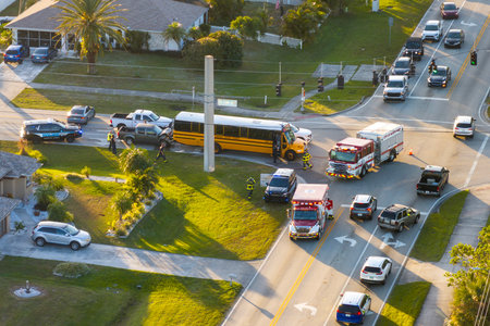 Car and school bus accident on highway road in Florida. Emergency services personnel helping victims of vehicle crash on city street in USAの写真素材