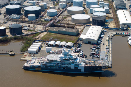 Construction shipyard for assembling of luxury yachts. Commercial dock for sea ships manufacturingの写真素材