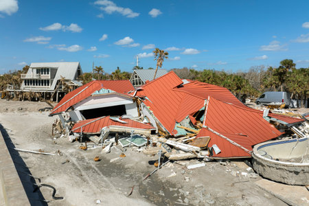 Destroyed houses on ocean shore after hurricane Milton landfall. Natural disaster consequences on Manasota Key, Florida. Storm surge severe damageの写真素材