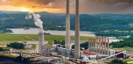 Electric energy production from fossil fuel. Kingston power station in Roane County near Kingston, Tennessee. Major coal-fired power plant producing electricityの写真素材