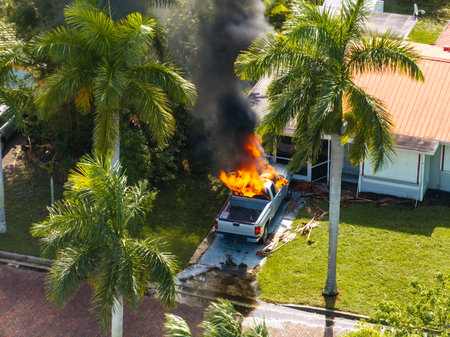 Firefighters extinguishing burning car on residential street in Punta Gorda in Floridaの写真素材