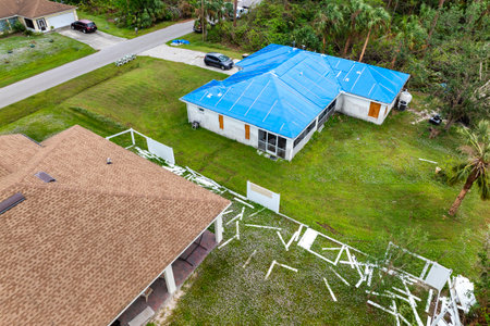 Hurricane damaged house rooftop covered with protective plastic tarp against rain water leaking until replacement of asphalt shingles. Aftermath of natural disasterの写真素材