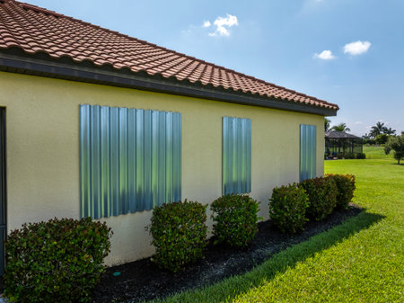 Hurricane shutters on Florida house windows. Home protection before natural disasterの写真素材