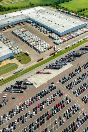 Import or export of new cars at production factory warehouseの写真素材