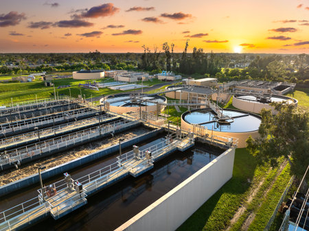 Large water treatment facility in Florida, USA. Industrial infrastructure for municipal water...