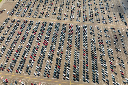 New cars parked on automotive factory parking lot for worldwide export. Dealer vehicle inventory business commercialの写真素材