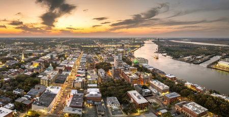 Old historical city Savannah in Georgia. Southern USA cityscape at sunsetの写真素材