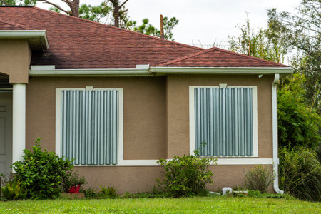 Residential house in Florida with reinforced storm shutters for hurricane protection. Window covering as disaster preparednessの写真素材