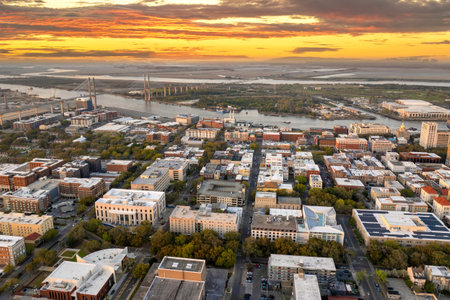 Savannah, Georgia. Historic American architecture of old historical city. USA Southern cityscape at sunsetの写真素材